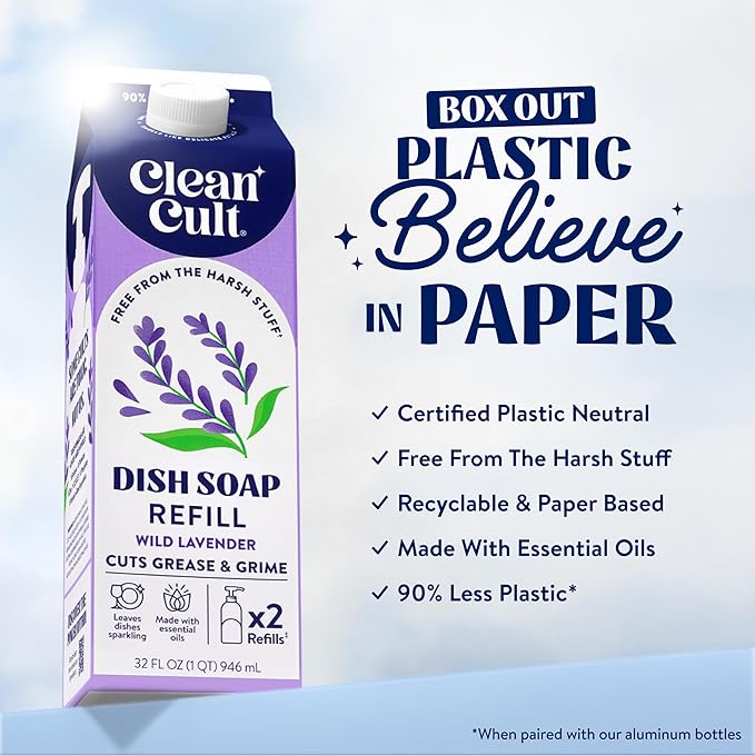 Cleancult Dish Soap Liquid Refills (32oz, 3 Pack) - Plant Based Cleaning Power - Dish Soap that Cuts Grease & Grime - Free of Harsh Chemicals - Uses 90% Less Plastic - Wild Lavender