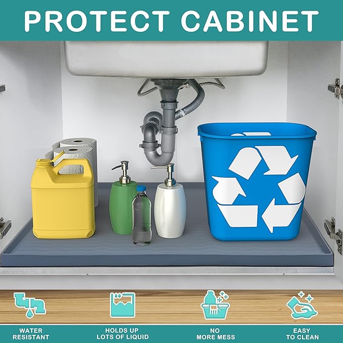 URMONA Waterproof Silicone Under Sink Mat 25'' x 22'' Shelf Liner for Kitchen and Bathroom, Cabinet and Counter Protector, Storage and Organizers, Litter Mat, Pet Cat Puppy Essentials(Black)