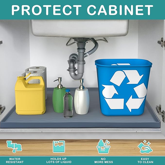 URMONA Waterproof Silicone Under Sink Mat 22'' x 19'' Shelf Liner for Kitchen and Bathroom, Cabinet and Counter Protector, Storage and Organizers, Litter Mat, Pet Cat Puppy Essentials(Black)