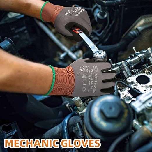 Schwer 12 Pairs Safety Work Gloves with Sandy Nitrile Coating LT5626, Max Abrasion Resistance Heavy Duty Gloves with Grip for Men Women, Ideal for General Use, Mechanic, Construction, Gardening, XS