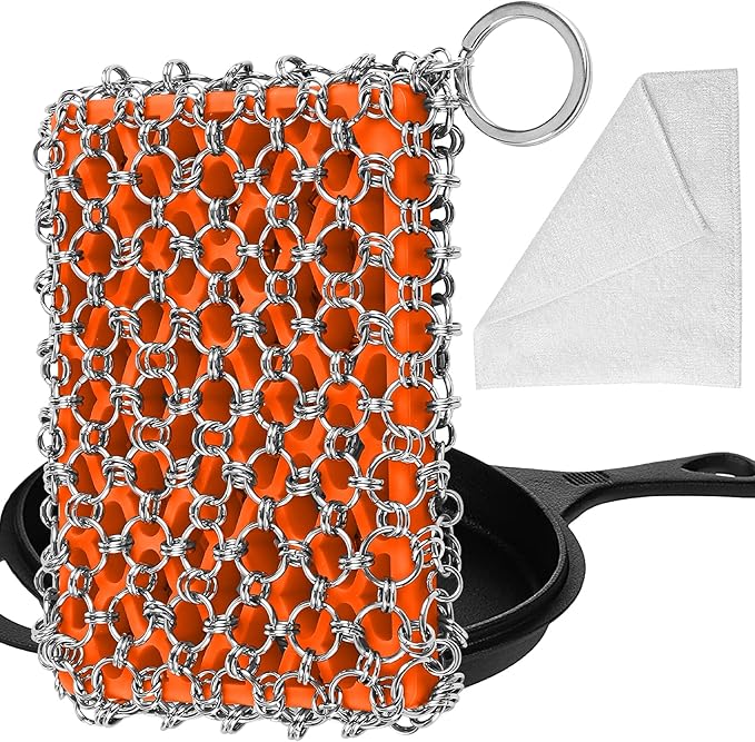 Most Flexible Cast Iron Scrubber, 316L Cast Iron Cleaner Chainmail Scrubber, Chain Scrubber for Cast Iron Pans, Pots, Skillets, Chain Mail Scrubbing Pad Scrub for Cast-Iron, Cast Iron Cleaning