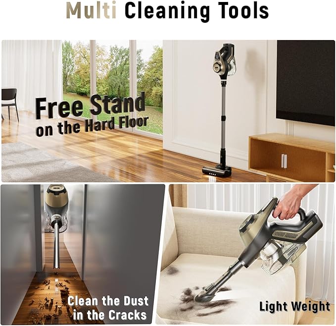 Cordless Vacuum Cleaner, 30Kpa Home Stick Vacuum, Smart Display & 1.5L Dust Cup, 55mins Max Runtime, Rechargeable Lightweight Handheld Vavuum for Pet Hair/Carpet/Hardwood Floor/Car (Golden)