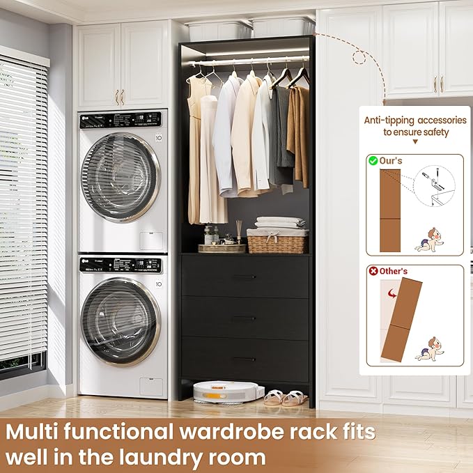 Aheaplus 2FT Closet System with 3 Drawers, 24’’ Closet Organizer, Wood Closet Organizer System, Walk-in Closet or Small Closets Wardrobe, Clothes Rack with Hanging Rods,-E7, Black