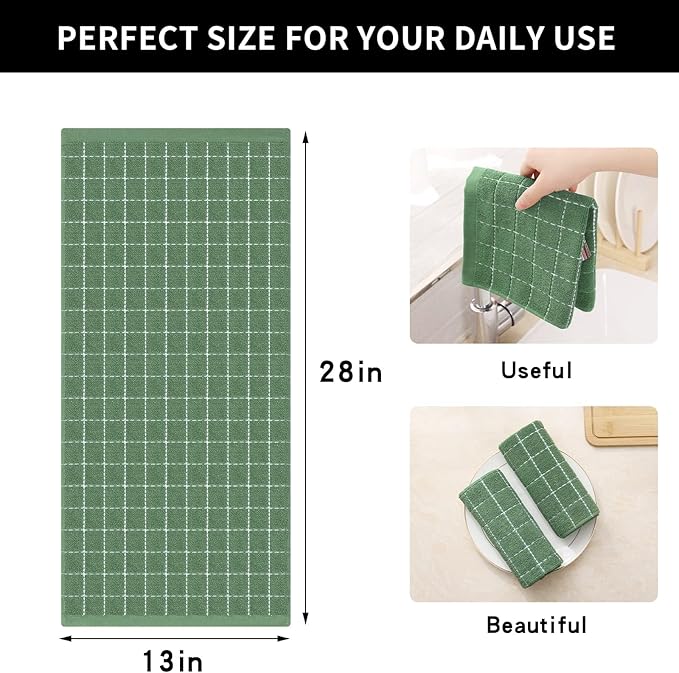 Homaxy 100% Cotton Terry Kitchen Towels(Grass Green, 13 x 28 inches), Checkered Designed, Soft and Super Absorbent Dish Towels, 12 Pack