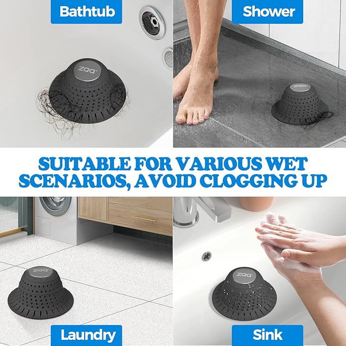 zaa Bathtub Drain Hair Catcher, 2 Pack Silicone Collapsible Bathtub Drain Cover Hair Catcher & Protector for Pop-Up & Regular Drains of Shower, Bathtub, Tub, Bathroom, Sink, Gray & Black