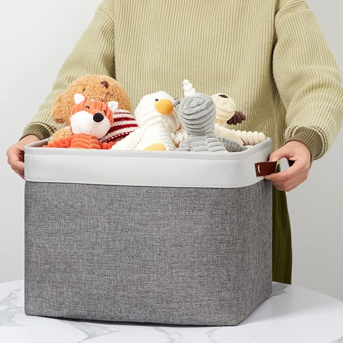 DULLEMELO Storage Baskets Large 16"x12"x12" Rectangular Storage Bins Baskets for Organizing [2 Pack] Fabric Collapsible Storage Organizer for Home,Office,Closet,Clothes,Toys (White&Grey)