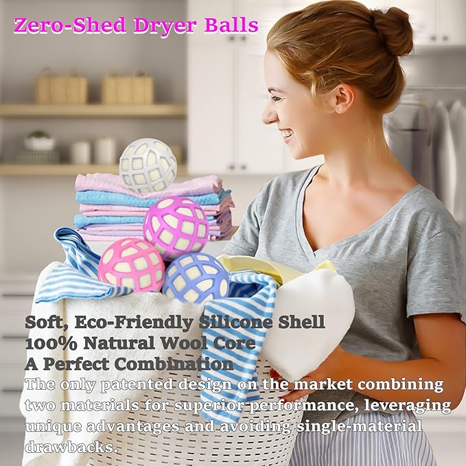 Dryer Balls – Patented Silicone Guard, Natural Wool Core, Super Anti-Tangle & Saves Drying Time, Reduces Static & Noise, Natural Fabric Softener, XL 3" (Beige, Pack of 4)