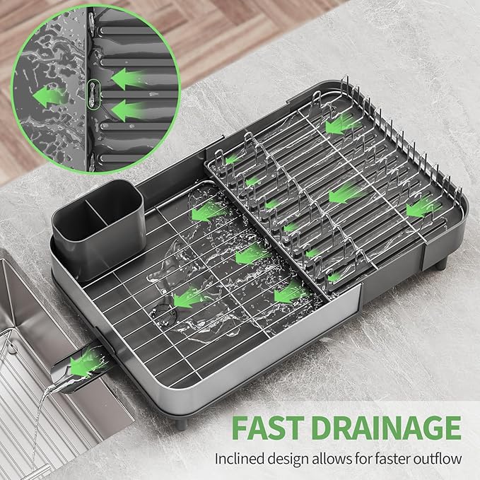 Expandable Dish Drying Rack,Foldable 304 Stainless Steel Dish Rack with Dual Parts, Extendable Dish Drainer Rack for Kitchen Counter, Dish Drying Rack with Cutlery Holder Gray