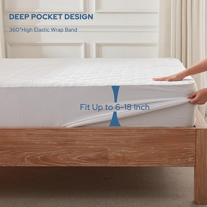 BEDLORE Waterproof Mattress Protector, King Size Noiseless Mattress Pad with Deep Pocket 6"-18" Depth, Soft Breathable Bed Mattress Cover Washable for Home, Bedroom, Hotel (White)