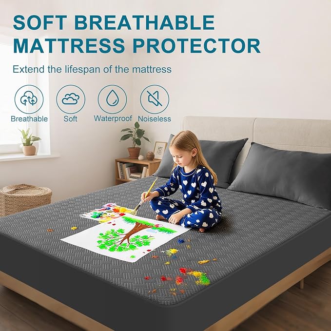 Waterproof Mattress Protector King Size - Breathable, Noiseless, Ultra-Soft Bed Cover, Mattress Pad Cover with Deep Stretchable Pockets 8"-21" (Gray)