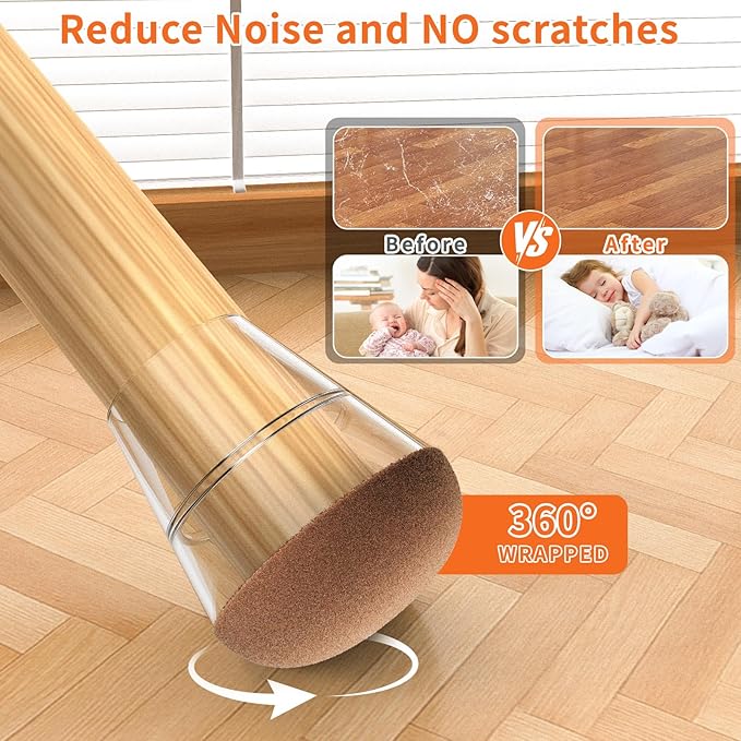 Chair Leg Floor Protectors Small 24Pcs,Silicone Chair Leg Protectors for Hardwood Floors/Tiles,360°Wrapped Felt Bottom to Prevent Scratch and Reduce Noise, Round Clear