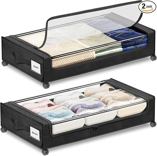 Under Bed Storage with Wheels 2-Pack，Under Bed Storage Containers XXL，Underbed Shoes Storage with Clear Lid,Rolling UnderBed Metal Drawer for Clothes Blankets Easy Pull-out Black