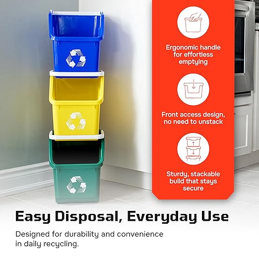Multi Recycling Bin System with Three Stacking 6 Gallon Bins with Carrying Handles, Stackable and Compact for Offices, Homes, Garages, Businesses - (Grey, 6 Pack)