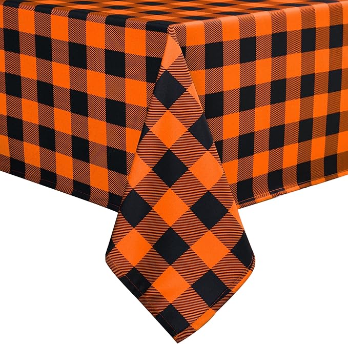 Orange Gingham Tablecloth Fabric - Oblong 58x120 Water Resistant Autumn Plaid Table Cloth for Indoor/Outdoor Use - Fall Tabletop Cover for Birthday, Picnics, Gardens, and Halloween Party