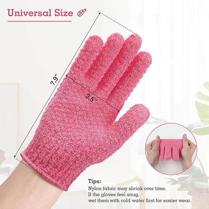 Evridwear Exfoliating Gloves for Shower, 100% Nylon Thick Soft Medium Heavy Bathing Gloves Dead Skin Remover Body Scrubber Smooth Skin with Hang Loop, 2 Pairs Heavy Hot Pink