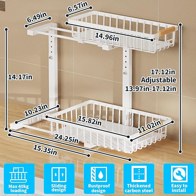 Under Sink Organizer, 2 Tier Slide Out Under Sink Organizers and Storage, Height Adjustable Pull out under cabinet storage, Metal Bathroom Kitchen Sink Organizer，2 Pack