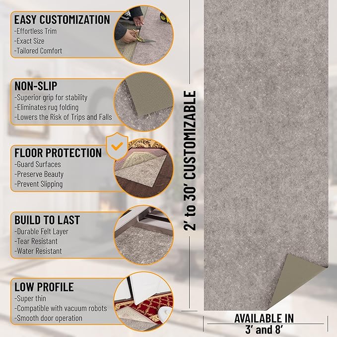 Ottomanson 6' x 8' Non-Slip Rug Pad Gripper 1/4 Inch Thick Dual Surface Felt + Rubber Gripper - Safe for All Floors, Brown