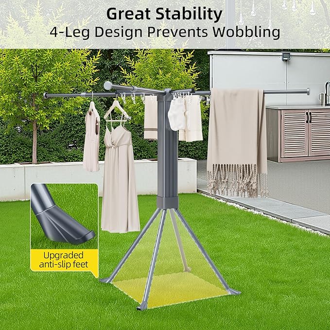 BIREN Clothes Drying Rack Foldable Extending Laundry Rack with 16 Clips Collapsible Clothing Rack Space-Saving Clothing Racks for Hanging Clothes, Indoor, Camping, Balcony, Outdoor