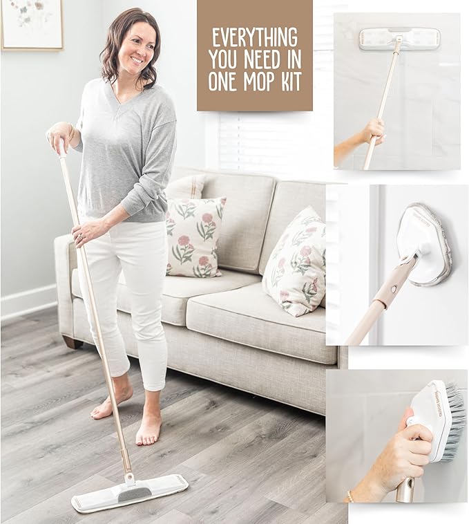 Quick Shine Ultimate Gold Clean + Polish Mop Kit | All-in-One 10 Pc Kit w/Interchangeable Attachments | Floor Polish Included | No Batteries Needed | Pro Cleaning for Hardwood Floors | 2-in-1 Mop