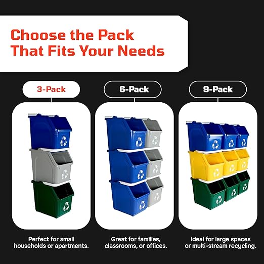 Multi Recycling Bin System with Three Stacking 6 Gallon Bins with Carrying Handles, Stackable and Compact for Offices, Homes, Garages, Businesses - (Grey, 3 Pack)