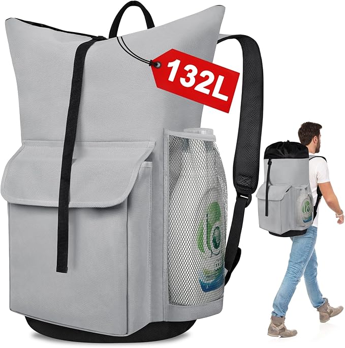 Laundry Backpack Bag, 132L Extra Large Heavy Duty Laundry Backpack for College Dorm Essentials, Laundry Hamper Travel Bag with Shoulder Straps and Mesh Wash Bags for Laundromat, Apartment Grey