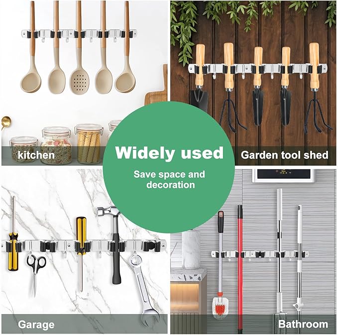 2Pcs 5 Racks 4 Hooks Stainless Steel Broom Mop Holder Anti Slip Wall Mount Broom Storage Rack Strong Load Bearing Waterproof Mop Broom Organizer for Bathroom Kitchen Garage