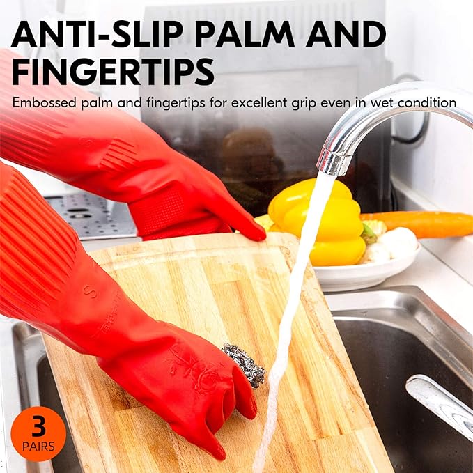 Vgo... 3-Pairs Dishwashing Gloves, Reusable Household Gloves, Long Sleeve, Thick Latex, Cleaning, Washing, Working, Painting, Gardening, Pet Care (Size S, Red, RB2143)