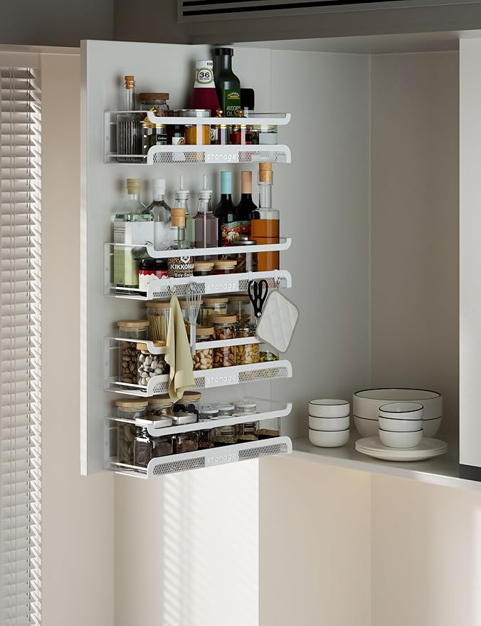 Spice Rack Wall Mount with Hooks - Spice Racks Organizer for Cabinet Storage, Wall Mounted Hanging Shelf Seasoning Organizer, for Kitchen, Pantry Door, Bathroom (White, 4 Pack)
