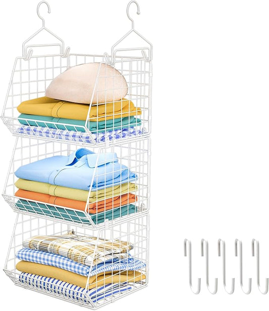 X-cosrack 3 Tier Foldable Closet Organizer, Clothes Shelves with 5 S Hooks, Wall Mount&Cabinet Wire Storage Basket Bins, for Clothing Sweaters Shoes Handbags Clutches Accessories-White Patent Design