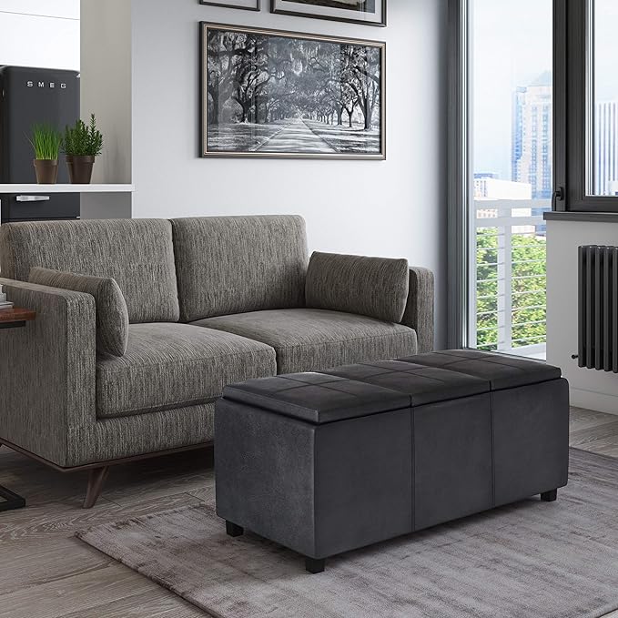 SIMPLIHOME Avalon 42 inch Wide Contemporary Rectangle Storage Ottoman in Distressed Black Vegan Faux Leather, Assembled, For the Living Room, Entryway and Family Room