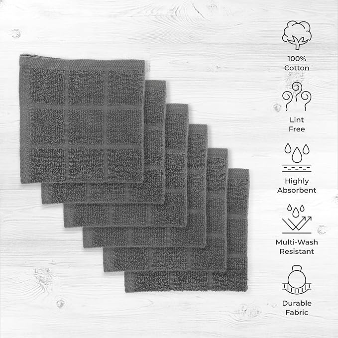 100% Cotton Terry Dish Cloth & Dish Towel, 6 Pack, Super Soft and Absorbent Kitchen Towels, Perfect for Kitchen Cleaning and Dish Washing (Grey 6 Pack)