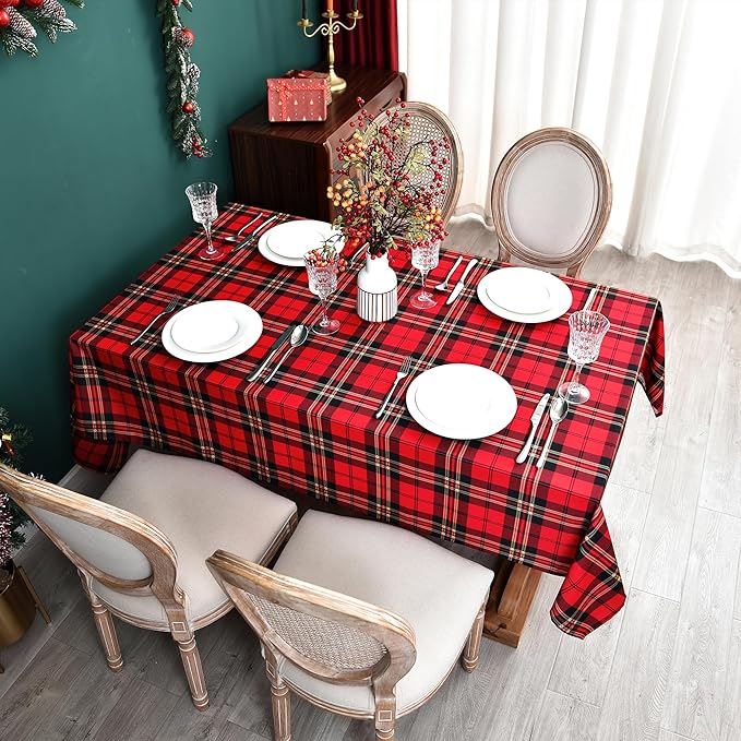 Gingham Xmas Tartan Tablecloth Fabric - Oblong 58x120 Water Resistant Christmas Plaid Table Cloth for Indoor/Outdoor Use - Red Tabletop Cover Perfect for Birthday, Picnics, Gardens