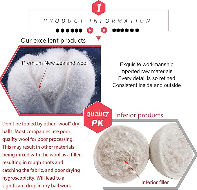 Wool Dryer Balls by FHQSX 6-Pack, XL Premium Reusable Natural Fabric Softener, White and Grey…