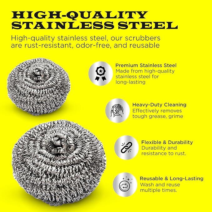 12Pcs Simba Stainless Steel Wool Scrubber Pads for Cleaning Pans, Pots, Dishes, Ovens, Grills, Sinks, Bathroom and Kitchen, Scourer 12 Pack
