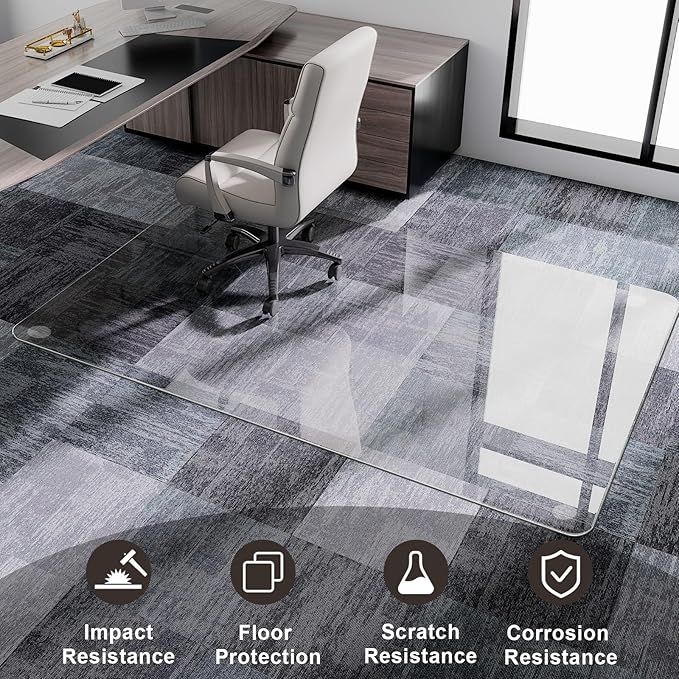 GLSLAND 47"x32" Tempered Glass Chair Mat Heavy-Duty Floor Protector for Carpet & Hard Floors Scratch-Resistant Office Computer Desk Mats Clear