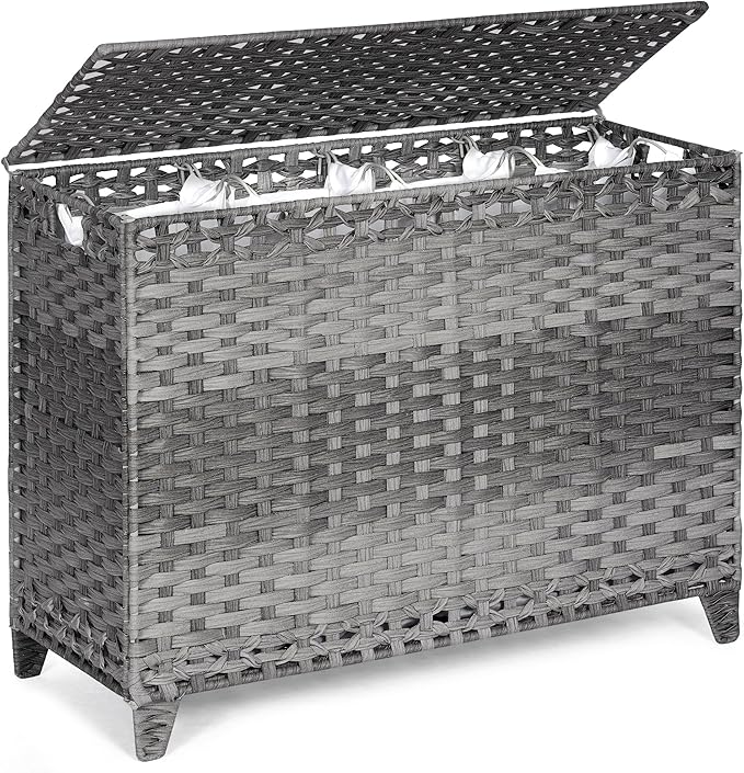 Laundry Hamper with 4 Removable Liner Bags; 176L Handwoven Rattan Laundry Basket with Lid & Heightened Feet; Clothes Hamper with Side Handles(Gray)