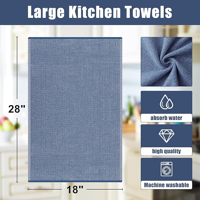 Homaxy Premium Kitchen Towels(18”x 28”, 6 Pack), Large Cotton Kitchen Hand Towels, Flat and Terry Dish Towels, 380 GSM Highly Absorbent Tea Towel Set with Hanging Loop, Navy Blue