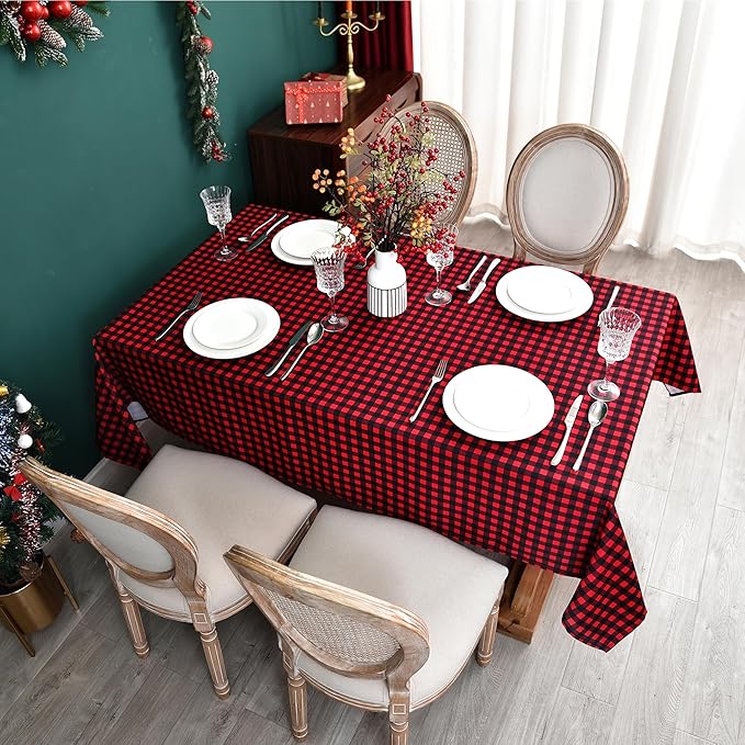 Classic Gingham Buffalo Xmas Tablecloth Fabric - Oblong 58x144 Inch Water Proof Checkered Table Cloth for Indoor Outdoor - Red Christmas Plaid Table Cover for Christmas, Holiday, New Year