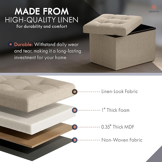 Ornavo Home Small Storage Ottoman Foldable Collapsible Rectangle Linen Ottoman Foot Rest Stool Seat, for Living Room, Bedroom, Home Office, Dorm - 12 x 16 x 12, Taupe