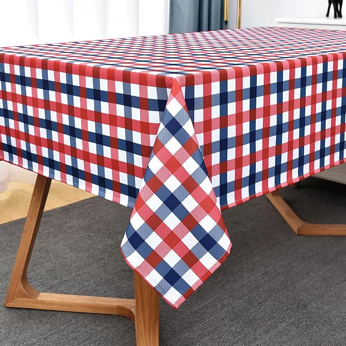 Classic Gingham 4th of July Tablecloth Fabric - Oblong 58x144 Inch Patriotic Party Table Cloth for Indoor Outdoor - American Theme Table Cover for Picnics and Parties