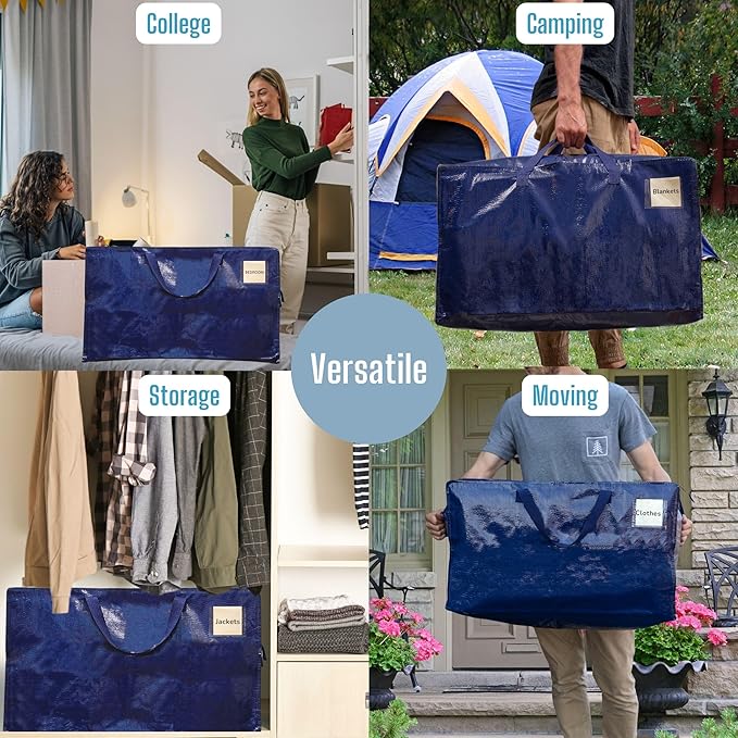 VENO 2 Pack Moving and Storage Bags, Heavy Duty, Alternative to Moving Boxes, Large Packing Totes Supplies for College Dorm Room with Zipper for Clothes, Wide Open Design (Blue, 2 Pack)