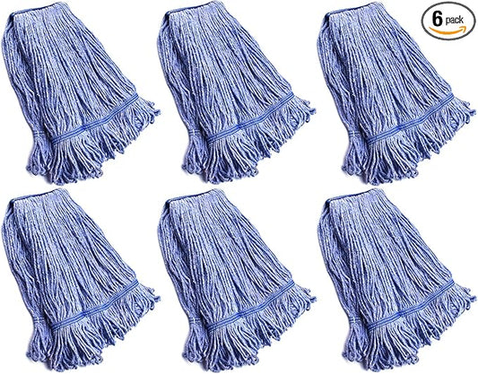 String Mop Heads Replacement Heavy Duty Commercial Grade Blue Cotton Looped End Wet Industrial Cleaning Mop Head Refills (6, Large)