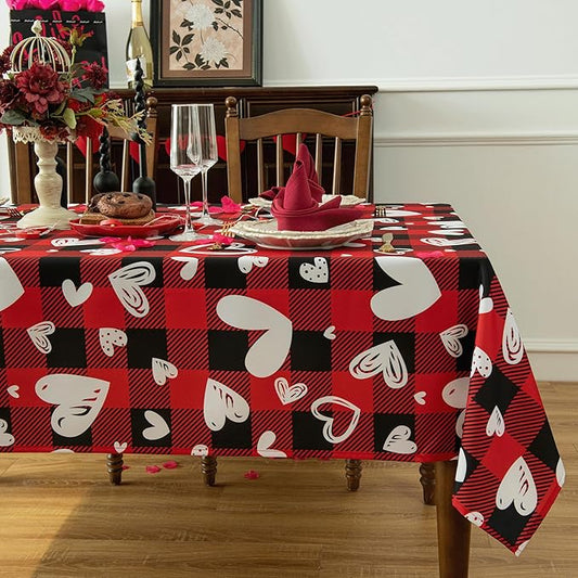Waterproof Checkered Tablecloth Fabric - Rectangle 58x84 Inch Happy Valentine Table Cloth for Indoor/Outdoor Use - Red Checkered Table Cover for Kitchen, Dinner, and Parties