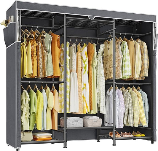 Raybee Clothes Rack with Cover Heavy Duty Clothing Racks for Hanging Clothes Adjustable Metal Clothes Rack for Bedroom 66.5" Wx15.75 Dx74.8 H Black
