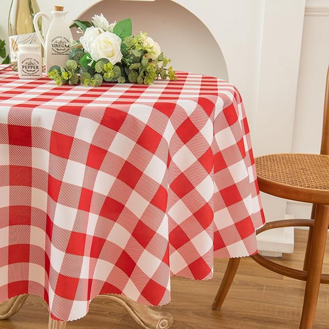 Waterproof Plaid Tablecloth Fabric - Round 90 Inch Classic Gingham Checker Table Cloth for Indoor/Outdoor Use - Buffalo Table Cover for Picnics, BBQs, and Parties