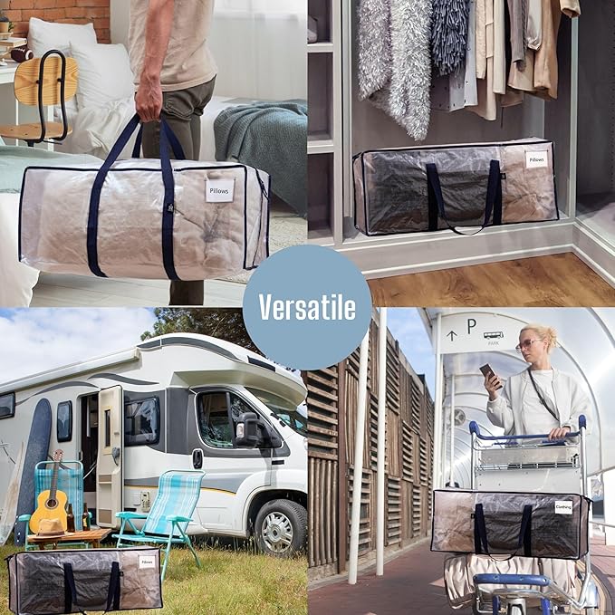 VENO 6 Pack Moving Bags Plastic Storage Totes Clothes Organization Large W Lid/Zipper. Packing Boxes/Bins Alternative. Space Saving Foldable College Supplies Essentials (Clear, 6 Pack)