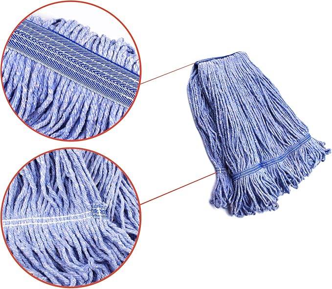 String Mop Heads Replacement Heavy Duty Commercial Grade Blue Cotton Looped End Wet Industrial Cleaning Mop Head Refills (6, Medium)