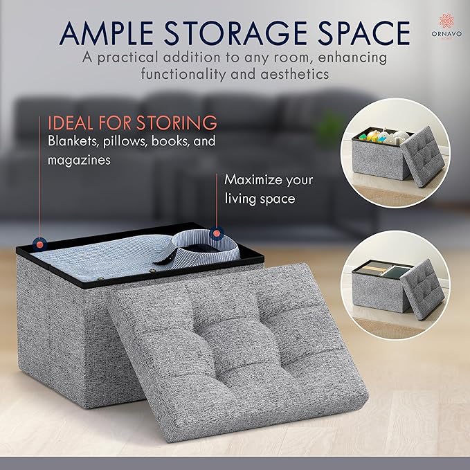 Ornavo Home Small Storage Ottoman, Set of 2, Foldable Collapsible Rectangle Linen Ottoman Foot Rest Stool Seat, for Living Room, Bedroom, Home Office, Dorm - 12 x 16 x 12, Gray