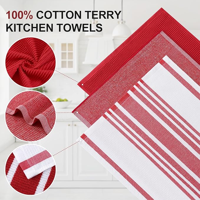 Homaxy Premium Kitchen Towels(18”x 28”, 6 Pack), Large Cotton 380 GSM Kitchen Hand Towels, Soft and Absorbent Terry Dish Towels, Multipurpose Tea Towel Set with Hanging Loop, Red