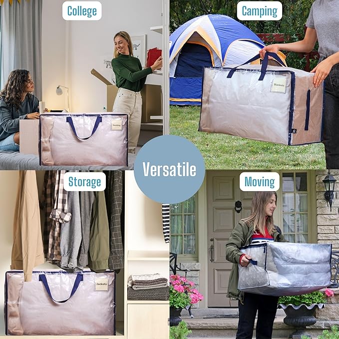VENO 4 Pack Moving and Storage Bags, Heavy Duty, Alternative to Moving Boxes, Large Packing Totes Supplies for College Dorm Room with Zipper for Clothes, Wide Open Design (Clear, 4 Pack)